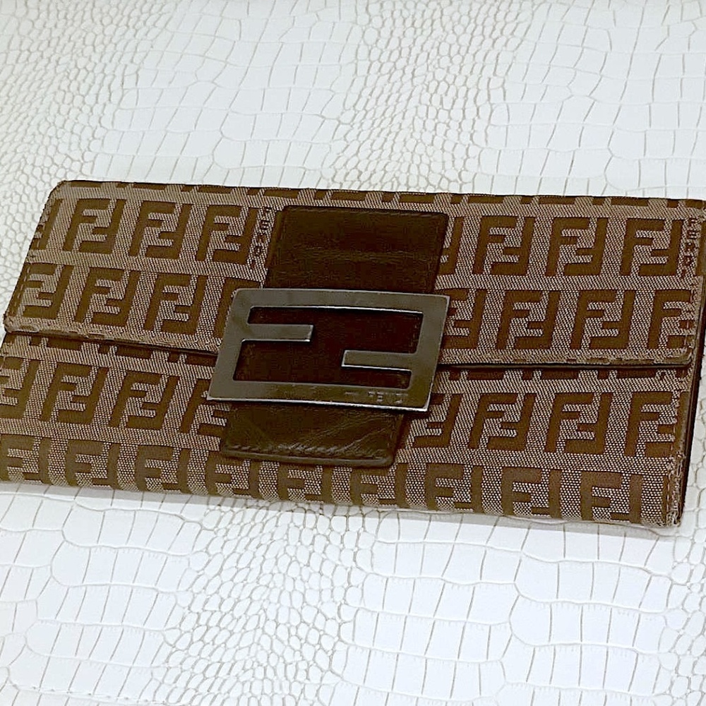 Rare Fendi Long Logo Wallet Zucca Monogram Brown Leather Canvas FF